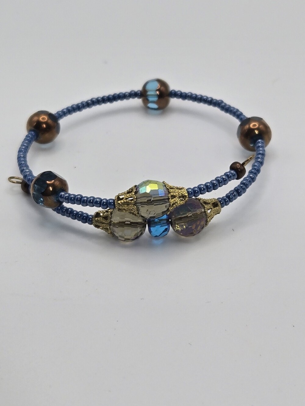 Blue Seed Bead Wired Wrap Bracelet With Gold Tone Accent Beads Handmade